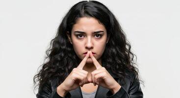 Contemplative young woman with fingers on lips expressing deep thought photo