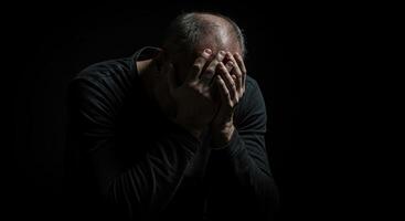 Depressed middle aged man covers his face with hands in dark studio photo
