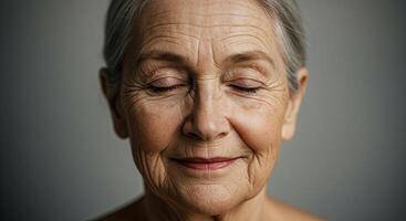 Content elderly woman with closed eyes in serene contemplation moment photo