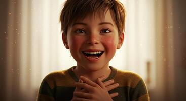 Delighted young boy with freckles expresses joy with hands on chest photo