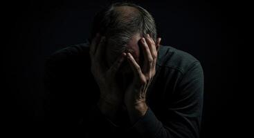 Depressed middle-aged man covers his face with hands in despair alone photo