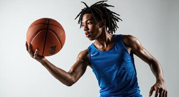 Determined African American basketball player holding ball in studio shot photo