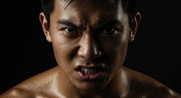 Determined Asian man with intense gaze shows anger and aggression photo