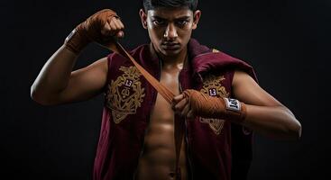 Determined young boxer wrapping hands for intense training session photo