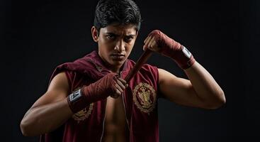 Determined young male boxer wrapping hands for intense workout session photo