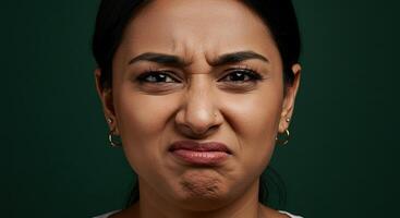 Disgusted woman with a scrunched face expressing strong negative emotion photo