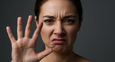 Disgusted young woman gesturing stop with hand experiencing revulsion photo