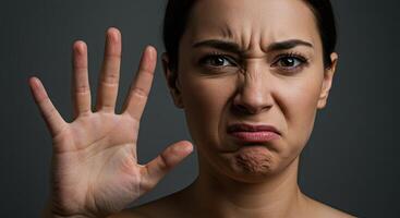Disgusted young woman holding hand up in stop gesture negative emotion photo