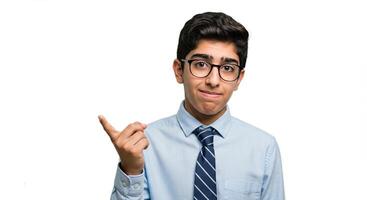 Doubtful teenage boy in shirt and tie pointing left with questioning look photo