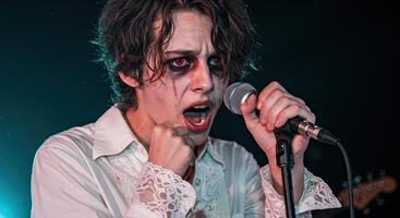 Dramatic male vampire singer performs with red eyes and gothic makeup photo