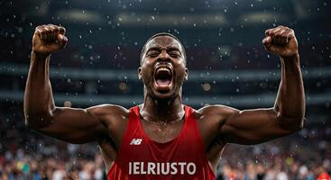 Ecstatic African American athlete celebrates victory in the rain outdoors photo