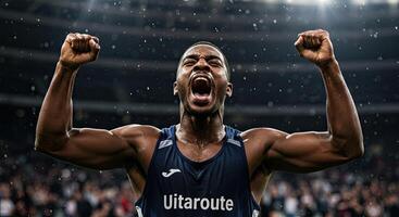 Ecstatic African athlete celebrates victory with raised fists and shouting photo