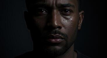 Emotional portrait of a young African American man with tears on face photo