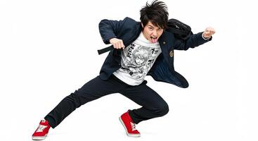 Energetic Japanese Student Leaps Forward with Playful Expression and Red Shoes photo