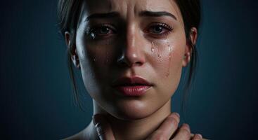 Emotional woman with tears streaming in photo
