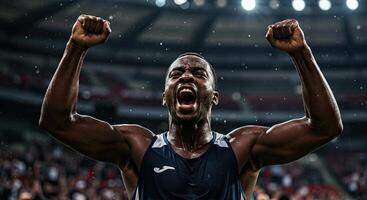 Ecstatic African Athlete Celebrates Victory with Raised Fists in Stadium photo