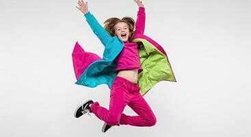 Energetic young girl joyfully leaping with colorful coat in studio shot photo