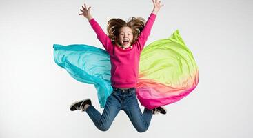 Energetic young girl jumping with joy and colorful flowing fabrics indoors photo