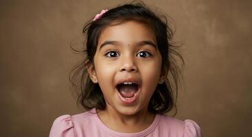 Excited little Indian girl with surprised expression against tan background photo