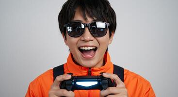 Excited Asian man playing games with controller and wearing shades photo