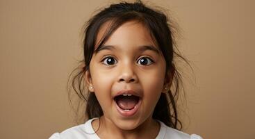 Excited little girl with surprised expression looks directly at camera photo