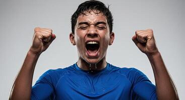 Exuberant young man celebrates with fists raised and triumphant shout photo