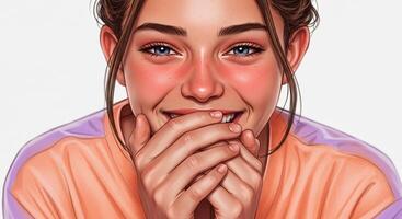 Expressive young woman with hands covering mouth expressing joy and surprise photo