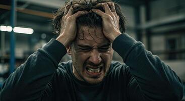 Frustrated man clutches his head in despair showing mental health issues photo