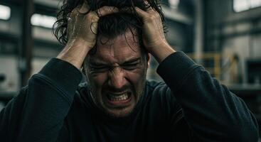 Frustrated man with hands on head experiencing stress and anxiety photo