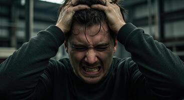 Frustrated man with head in hands experiencing stress and anxiety photo