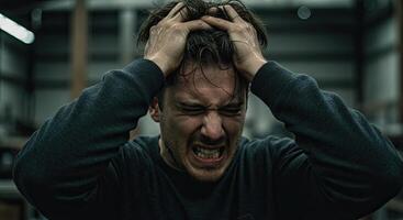 Frustrated man with sweaty hair pulls at his head in despair and stress photo