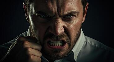 Furious man clenches fist showing anger and frustration in dramatic light photo