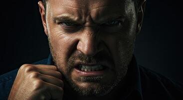 Furious man clenches fist in anger expressing rage and frustration photo