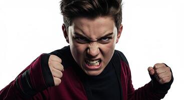Furious teenage boy clenching fists with intense anger and aggression photo