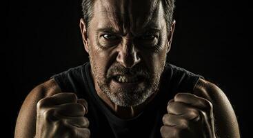 Furious middle aged man clenches fists in anger against black background photo