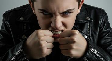 Furious teenager in a leather jacket clenches fists with an angry glare photo