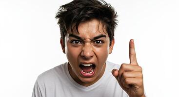 Furious young man shouting and gesturing with finger up against white photo