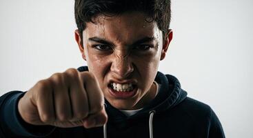 Furious young man with clenched fist ready to fight aggression anger photo