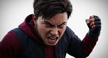 Furious young man with clenched fist expressing anger and aggression photo