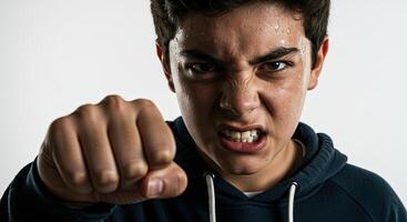 Furious young man with clenched fist ready to fight expressing anger photo