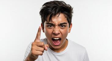 Furious young man yelling and pointing his finger with an angry expression photo