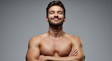 Handsome man with beard and muscular body smiles confidently posing shirtless photo
