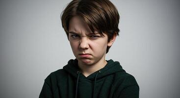 Grumpy young boy with a scowl wearing a hoodie against gray backdrop photo