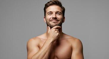 Handsome shirtless man with beard thoughtfully touching his chin smiling photo