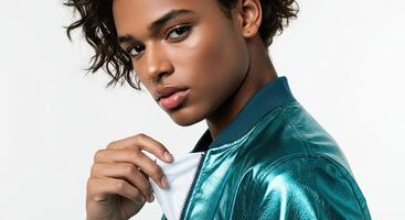 Handsome young man in iridescent jacket looking over his shoulder photo