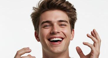 Handsome young man with bright smile expresses joy and excitement photo