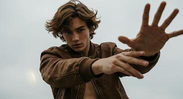Handsome young man extending his hands in a gesture of protection outdoors photo