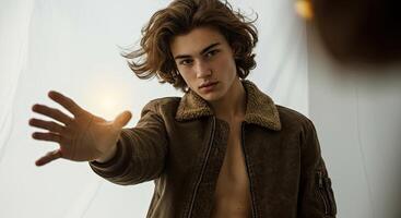 Handsome young man with long hair in brown jacket reaching forward photo