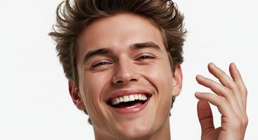 Handsome young man with brown hair laughing happily raising his hand up photo