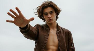 Handsome young man with long hair in leather jacket holds hand up photo